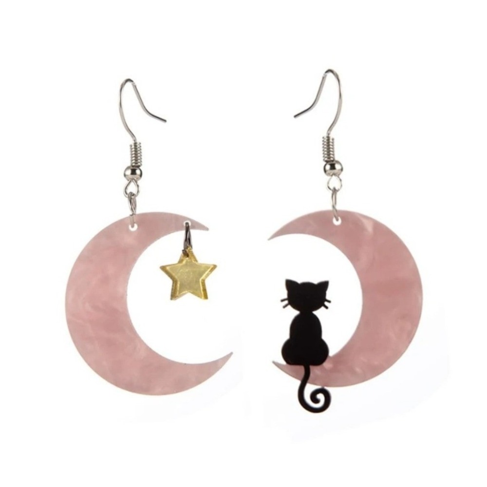 Black Cat & Star on the Moon Halloween Pink Earrings Asymmetrical Acrylic